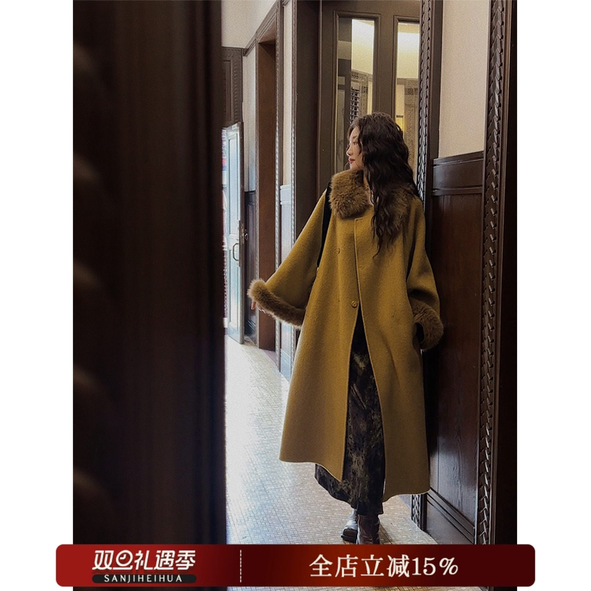 《鹦鹉梨严选》三吉黑花【踏雪】新中式羊毛双面呢大衣SJT242052,女装/女士精品,汉服上装,淘宝优惠券,粉丝福利购,淘宝优惠卷