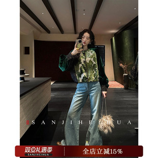 【呼呼专享】【华彩】新中式满钻扎花牛仔裤子阔腿微喇叭裤新款潮