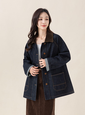 Eworld25秋复古拼接灯芯绒翻领牛仔外套女宽松插肩袖上衣X65526