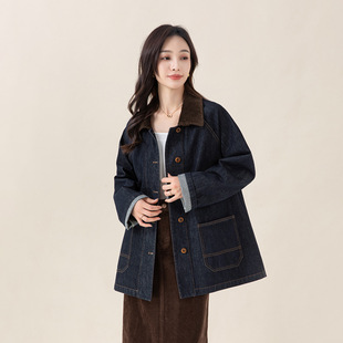 Eworld25秋复古拼接灯芯绒翻领牛仔外套女宽松插肩袖上衣X65526