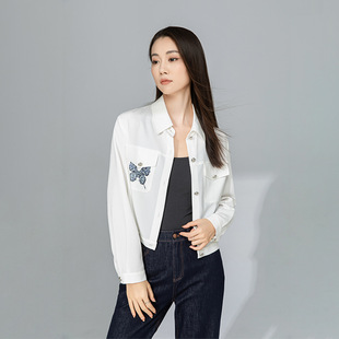 Eworld25春烫钻蝴蝶印花莱赛尔外套女宽松休闲短款上衣X71154605