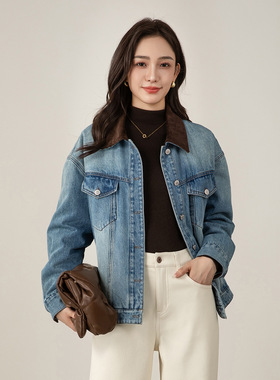 Eworld25冬设计感牛仔休闲羽绒服女港风复古气质加厚外套X65496