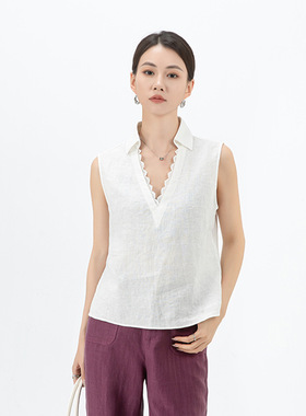 Eworld25夏 新款法式气质V领蕾丝拼接设计感休闲无袖上衣X65515