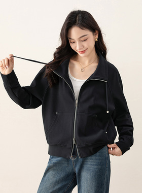 Eworld25秋藏蓝色拉链卫衣外套女羊毛混纺休闲宽松夹克X65599