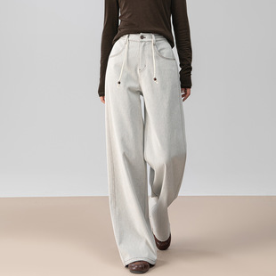 X85347 女高腰直筒宽松显瘦阔腿拖地裤 Eworld25秋 奶咖色牛仔裤