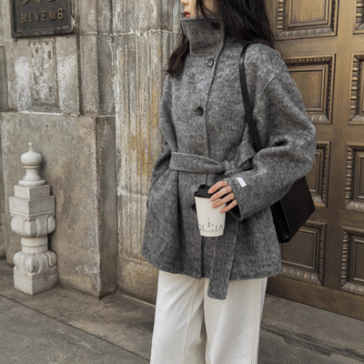 立领腰带双面羊毛大衣 中长款系带单排扣加厚保暖羊绒毛呢外套女
