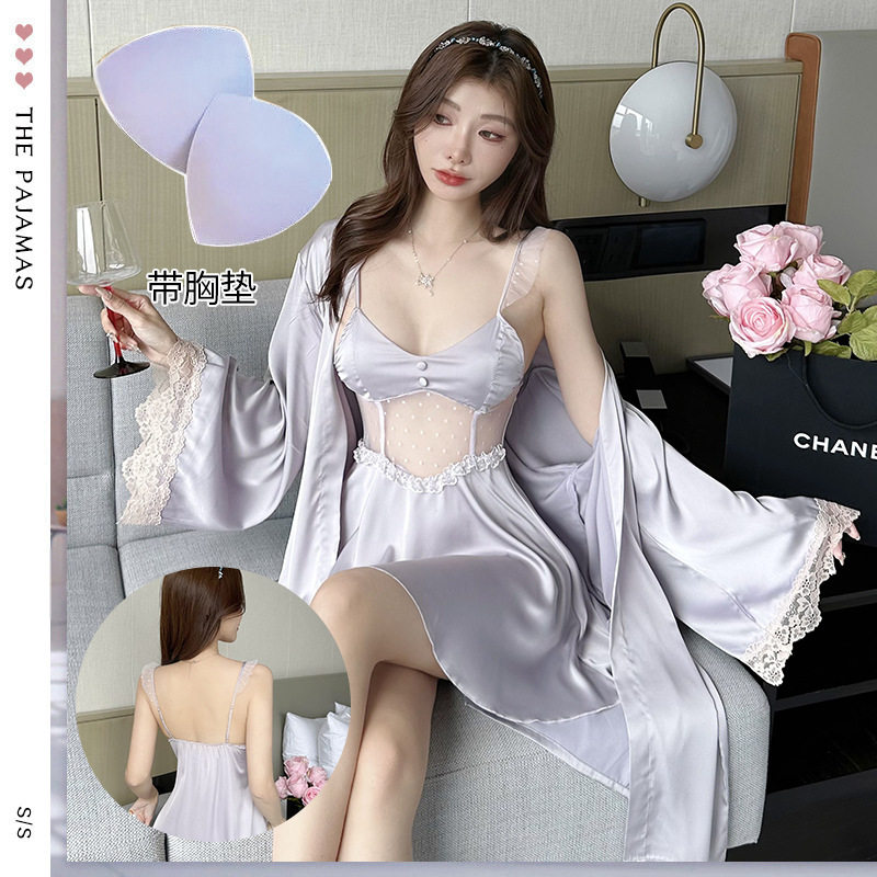 波点两件套性感蕾丝美背吊带外袍
