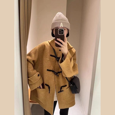 牛角扣大衣女冬2025新款学院风小个子中长款双面羊绒呢子连帽外套