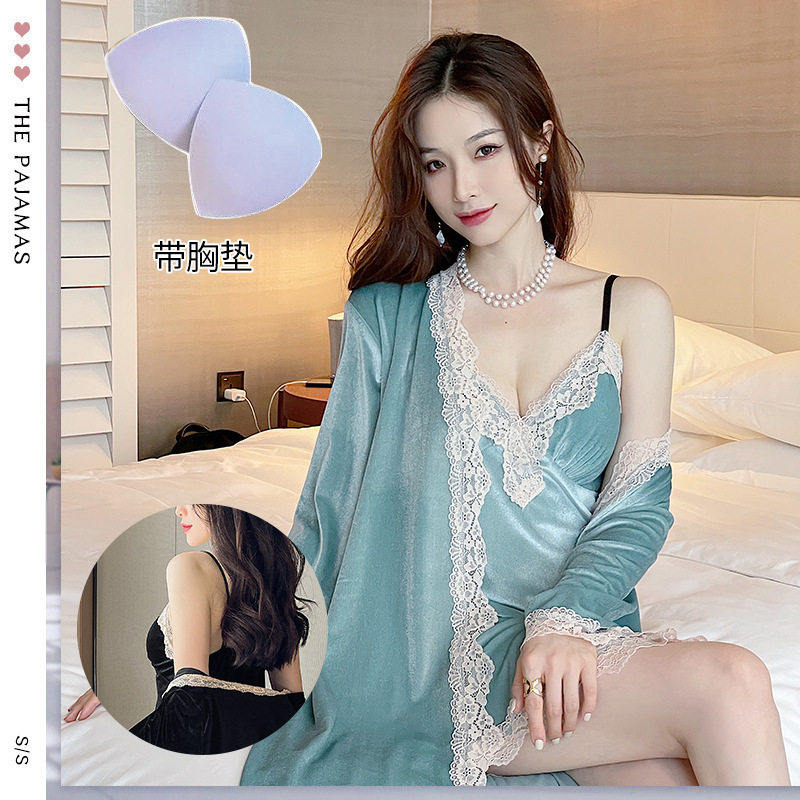 居家睡衣女蕾丝花边加胸垫金丝绒