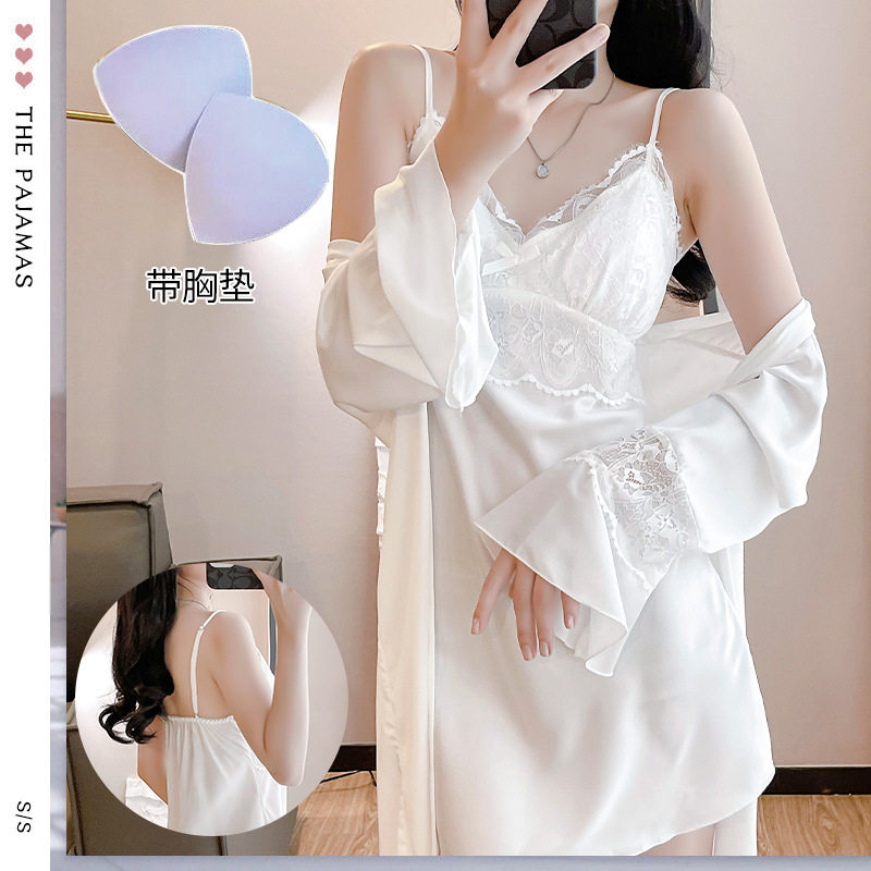 薄款V领吊带睡衣带胸垫花边夏季