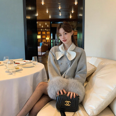 致爱丽丝小个子秋冬撞色双面羊毛呢子外套女2025羊绒灰色大衣新款