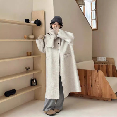 带围巾宽松版型H版型宽松双面羊毛大衣 长款加厚保暖简约毛呢外套