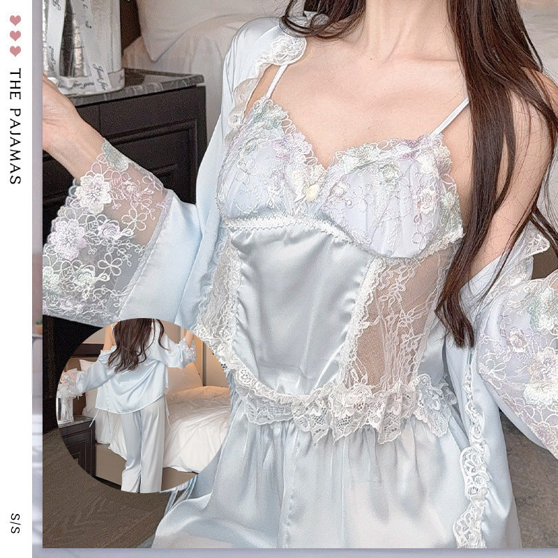 女士家居服三件套吊带长裤外袍甜