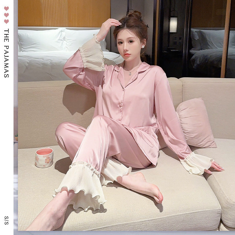 冰丝荷叶边睡衣家居服女甜美清新