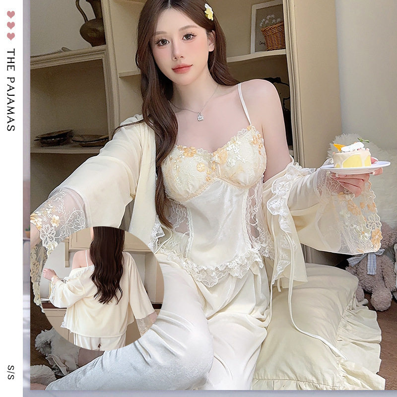 金丝绒睡衣女秋冬季翻领长袖长裤