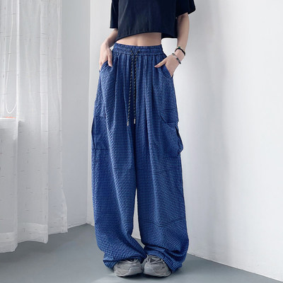 高腰抽绳格子工装裤女夏如松弛感大码胖mm宽松显瘦冰丝速干阔腿裤