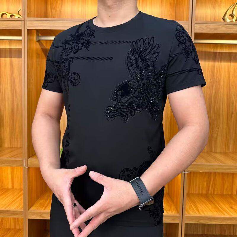 夏季新款中年爸爸装圆领体恤衫W植绒休闲带钻短袖黑色男士上衣T恤
