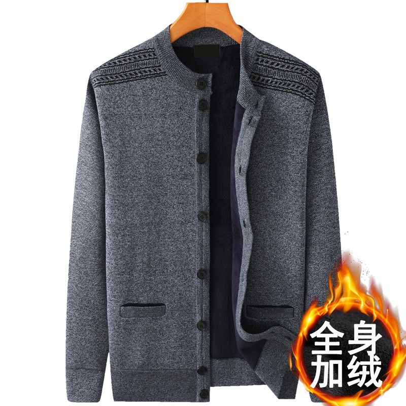 中老年男装爸爸装秋冬针织圆领外套爷爷加绒开衫毛衣男士羊毛衫