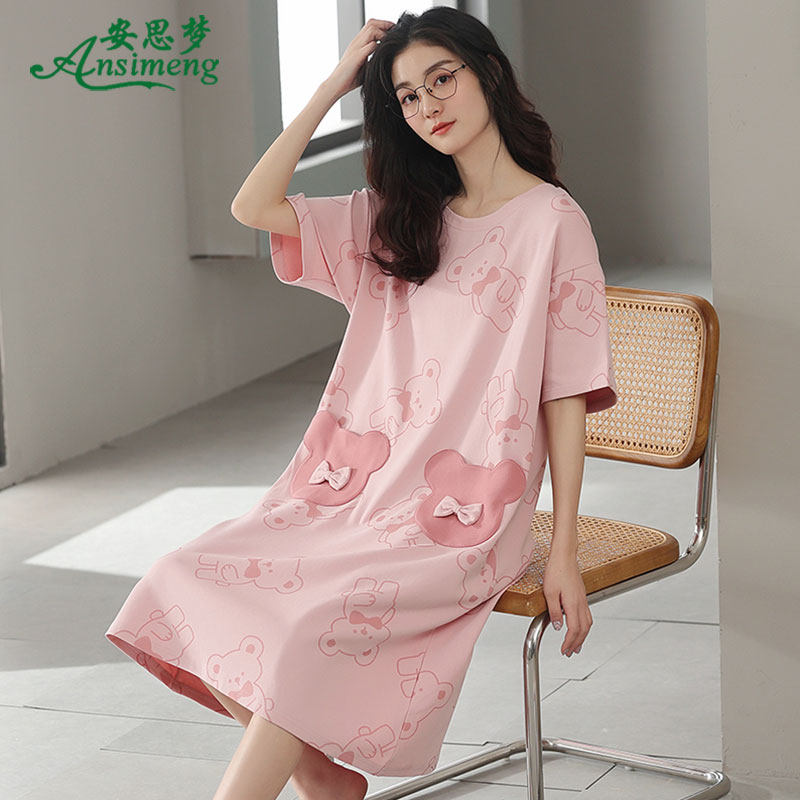 睡衣女夏季纯棉短袖睡裙韩版可外穿圆领家居服薄款女甜美连衣裙子