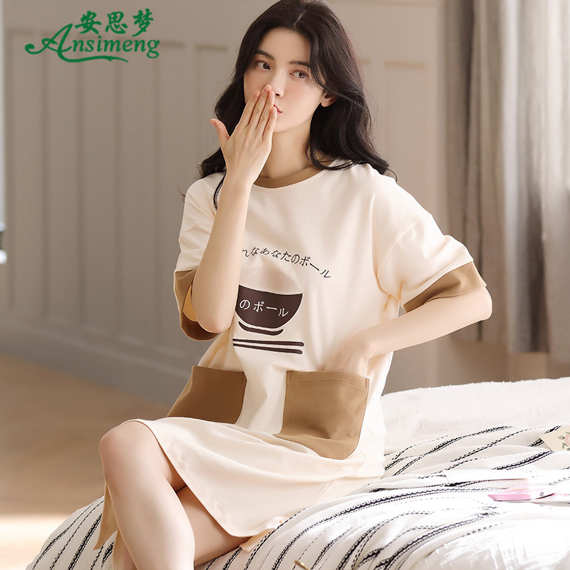 2022新款睡裙女夏季短袖纯棉甜美可爱睡衣中裙薄款宽松大码连衣裙