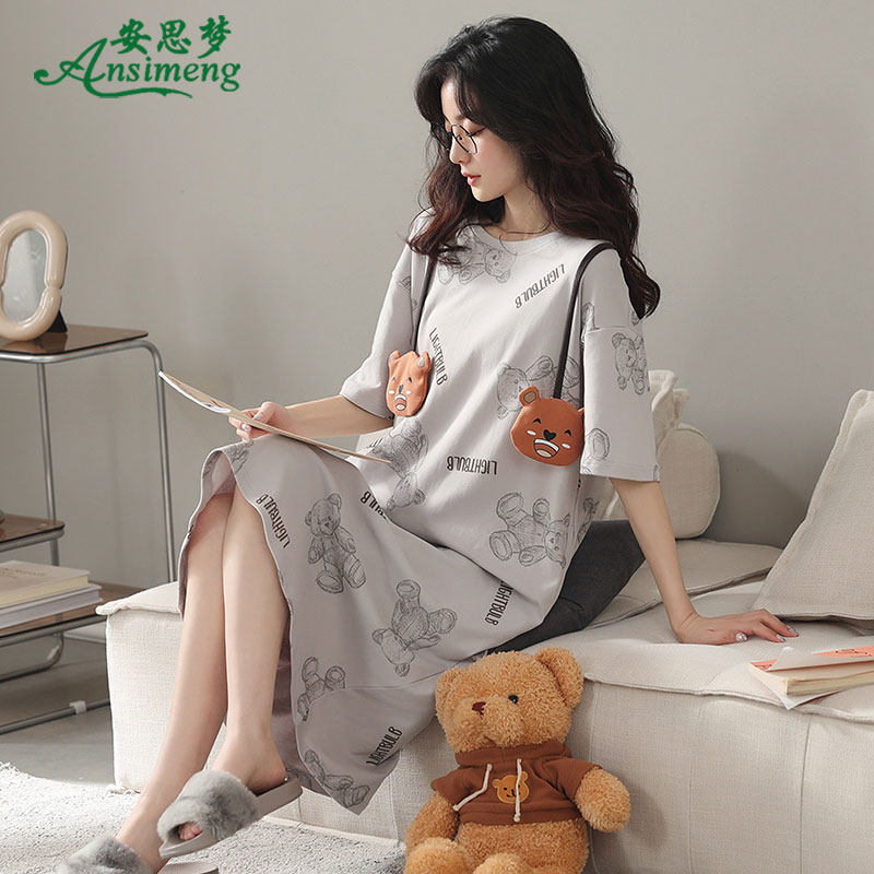 睡裙女士睡衣夏季时尚夏天薄款纯棉短袖中长款家居服大码宽松可爱