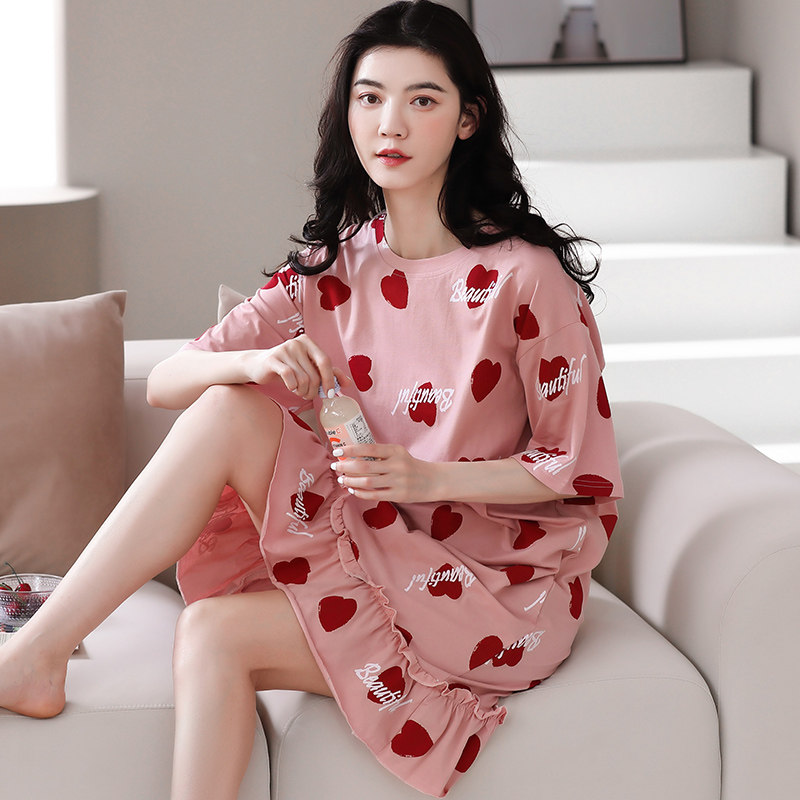 新款连衣裙夏季女纯棉短袖中长款春秋天甜美可爱可外穿睡衣家居服