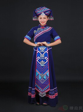 2019款壮族蓝色长裙民族服装女演出服三月三广西云南节日盛装表演