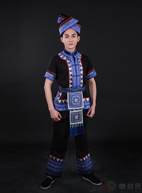 高端定制新款少数民族壮族服装男装黑色工作服舞台舞蹈表演服饰男