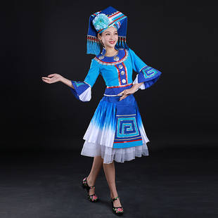 晴焱热卖 夏上新 壮族刘三姐短裙青花瓷民族风 舞台服饰仙女装