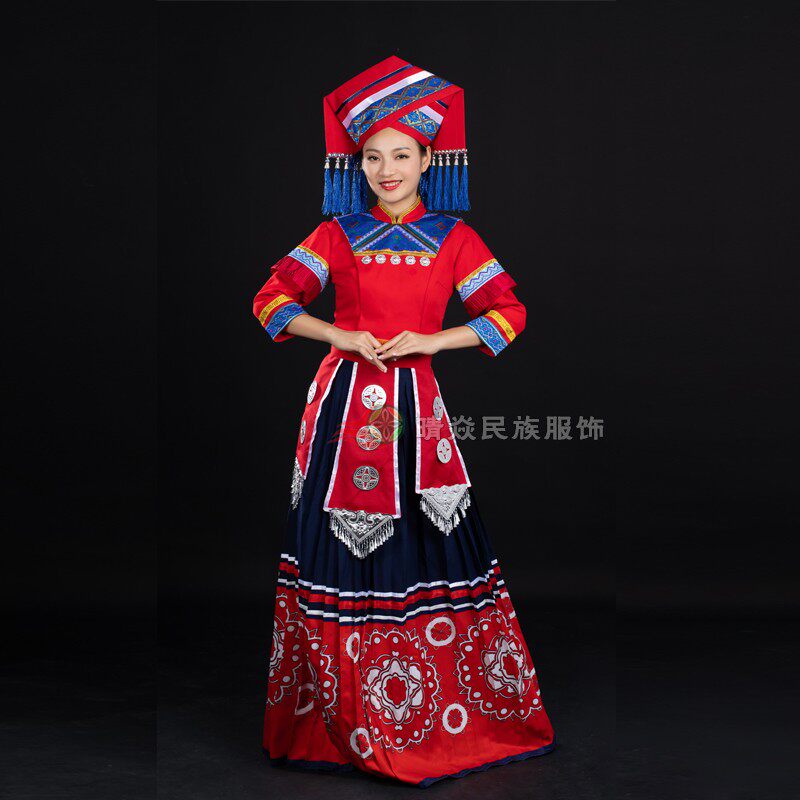 晴焱定制 壮族民族服饰红色长裙印花女装礼仪走秀工作演出服装图片