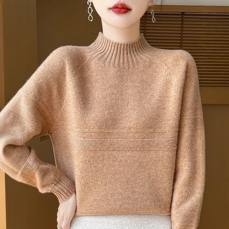 加厚半高领羊毛衫女慵懒风套头针织打底无缝一体七针加厚羊毛衫女