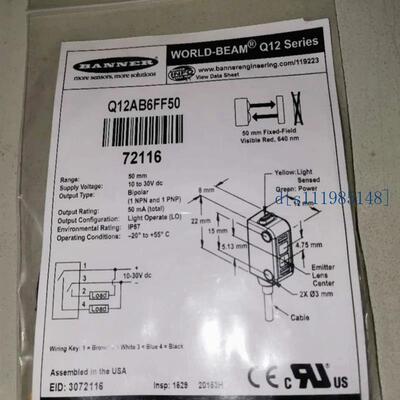 邦纳BANNER传感器Q12AB6FF50全新原装现货72116