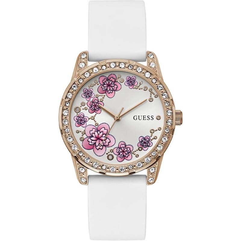 GUESS女士腕表指针式夜光日期防水玫瑰金白带镶钻陶瓷日常通勤