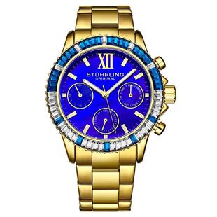 代购Stuhrling女士腕表夜光日历计时防水金表钢带蓝盘镶钻时尚