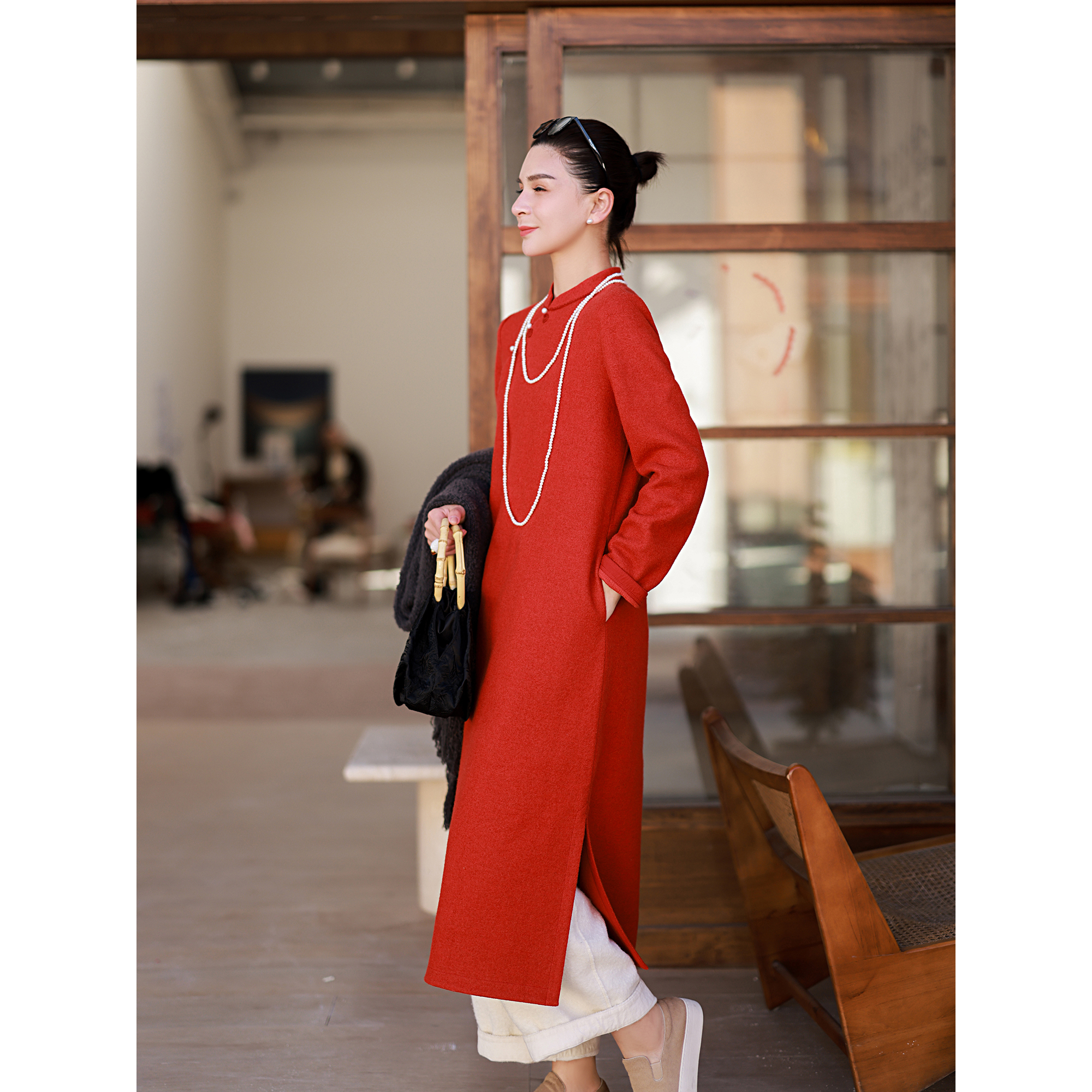 麻霖羊毛棉混纺手工绣花连衣裙