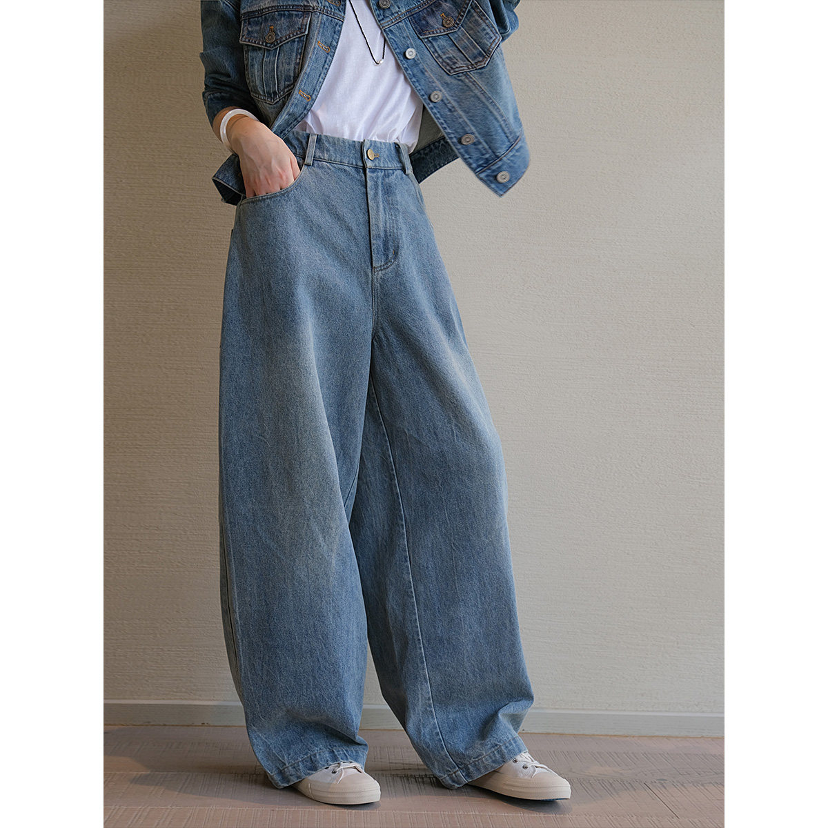 麻霖牛仔棉成衣水洗半松紧腰廓形做旧感休闲百搭阔腿牛仔拖地裤,女装/女士精品,牛仔裤,淘宝优惠券,粉丝福利购,淘宝优惠卷