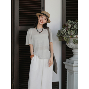 通透感针织上衣 亚麻混纺干爽垂坠圆领短袖 麻霖原创设计夏季 新品