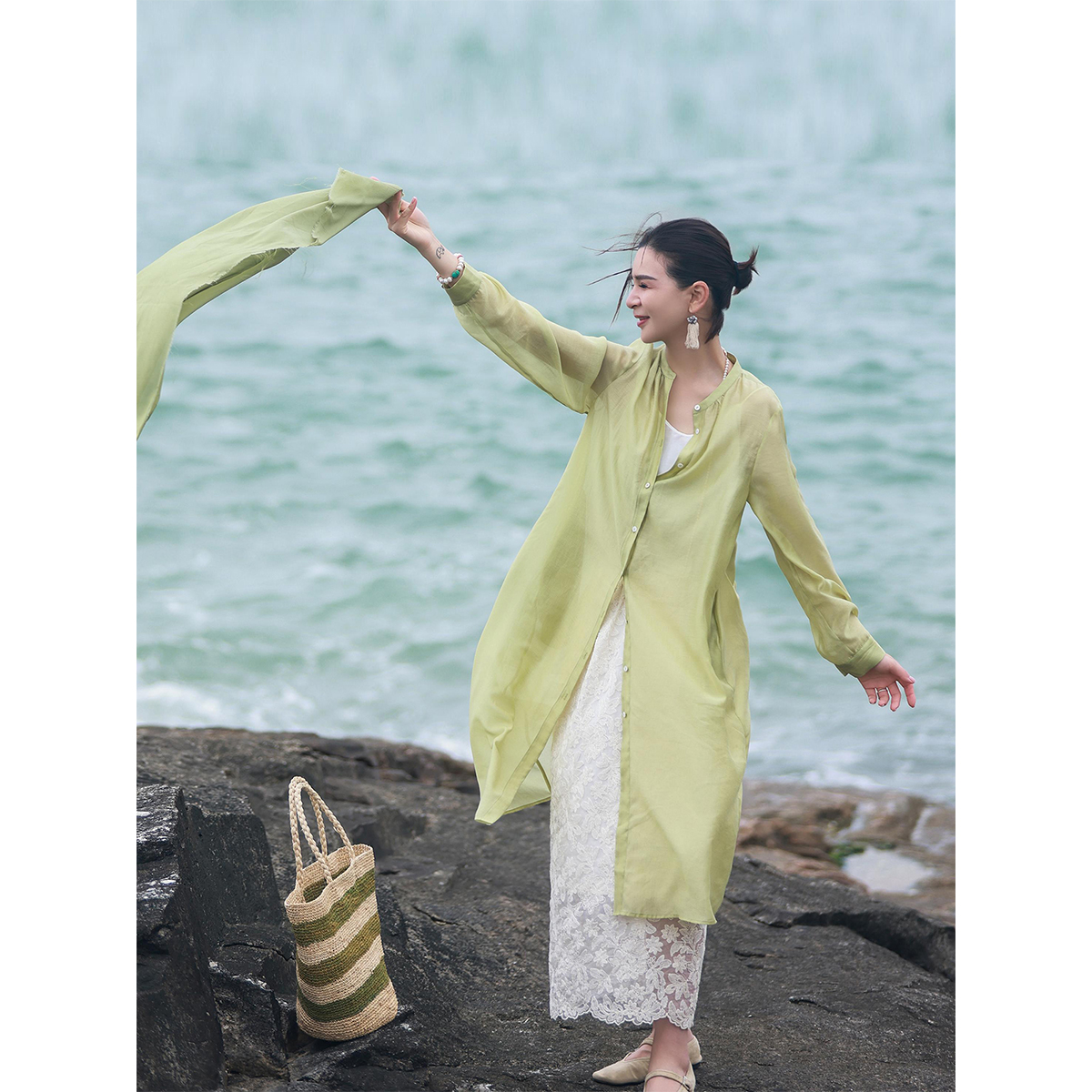 麻霖丝滑莱赛尔立领长袖长款衬衫