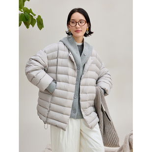 麻霖冬装新品简约设计针织连帽拼接假两件中长款轻盈保暖羽绒服