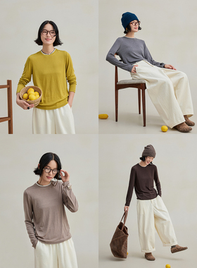 麻霖多色假两件双层领亲肤柔软舒适感可机洗羊毛天丝打底衫T恤