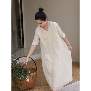 麻霖文艺女装 100支苎麻双层风琴褶V领显瘦清凉连衣裙 2026春夏新品