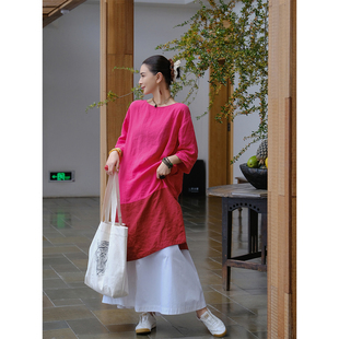 麻霖原创设计21支纯亚麻洗水拼色一字领七分袖文艺复古连衣裙