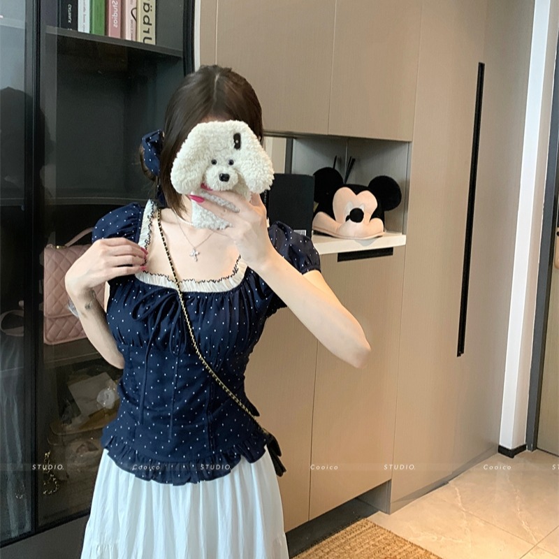 UU安娜大码胖mm法式气质甜美风波点短袖衬衫蕾丝花边绝美小衫上衣