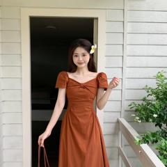 UU安娜大码胖mm法式蝴蝶结短袖修身显瘦连衣裙夏季新款收腰长裙