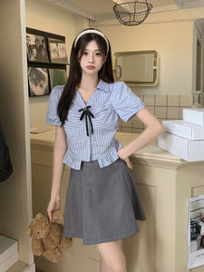 美式学院风蓝色条纹套装裙女夏季小个子甜辣风百褶半身裙两件套