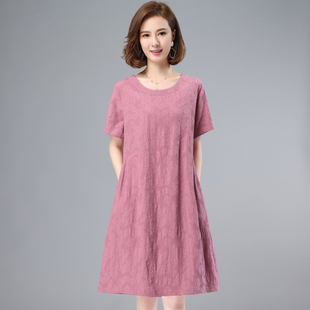 中年妈妈夏装连衣裙2024新款短袖宽松遮肚洋气纯棉女小个子直筒裙