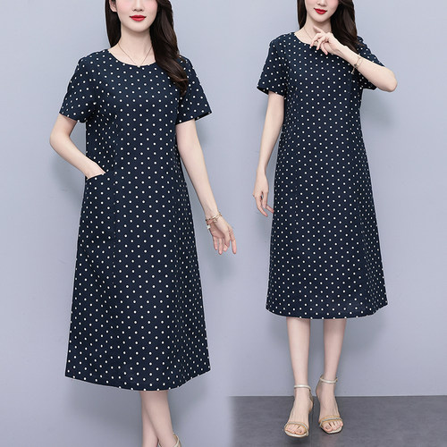大码直筒棉麻波点妈妈连衣裙女夏