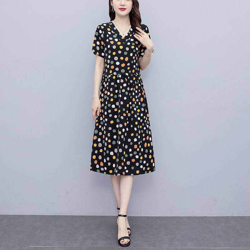 漂亮妈妈V领真丝桑蚕丝连衣裙女