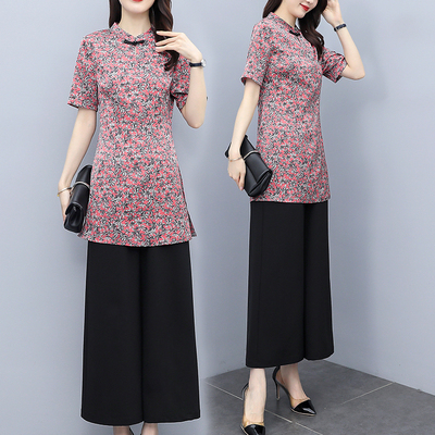 妈妈阔腿裤女真丝套装改良版上衣