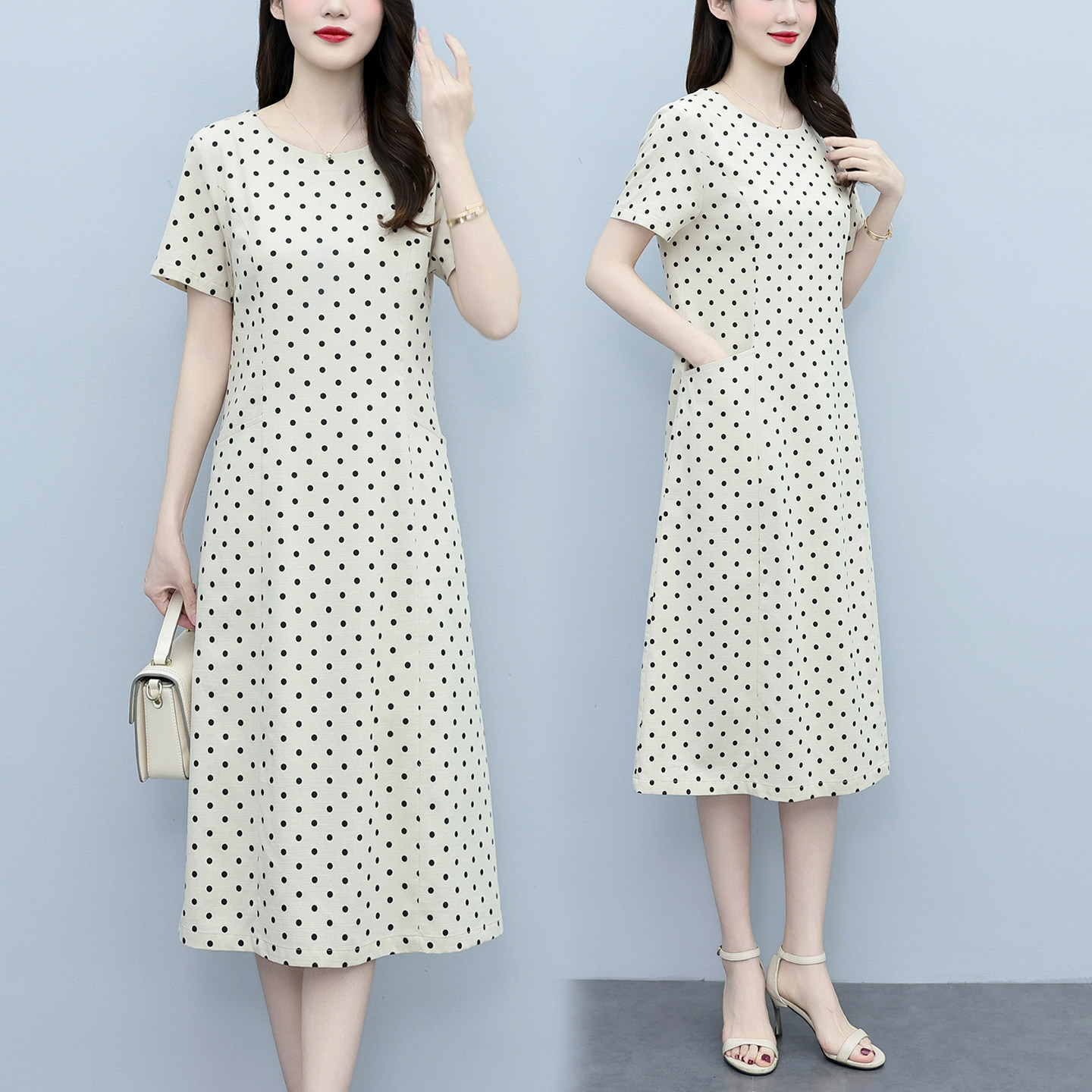 棉麻中年妈妈直筒连衣裙女夏季高级感小个子大码波点气质女士裙子